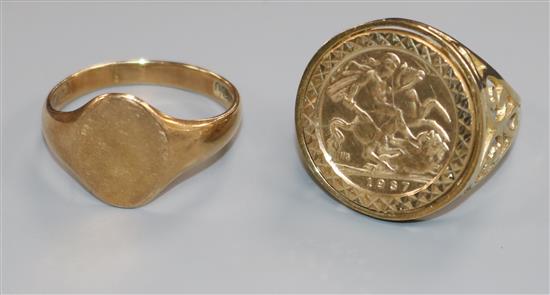 A 9ct gold signet ring and a coin-set ring, the shank marked 9ct (2)